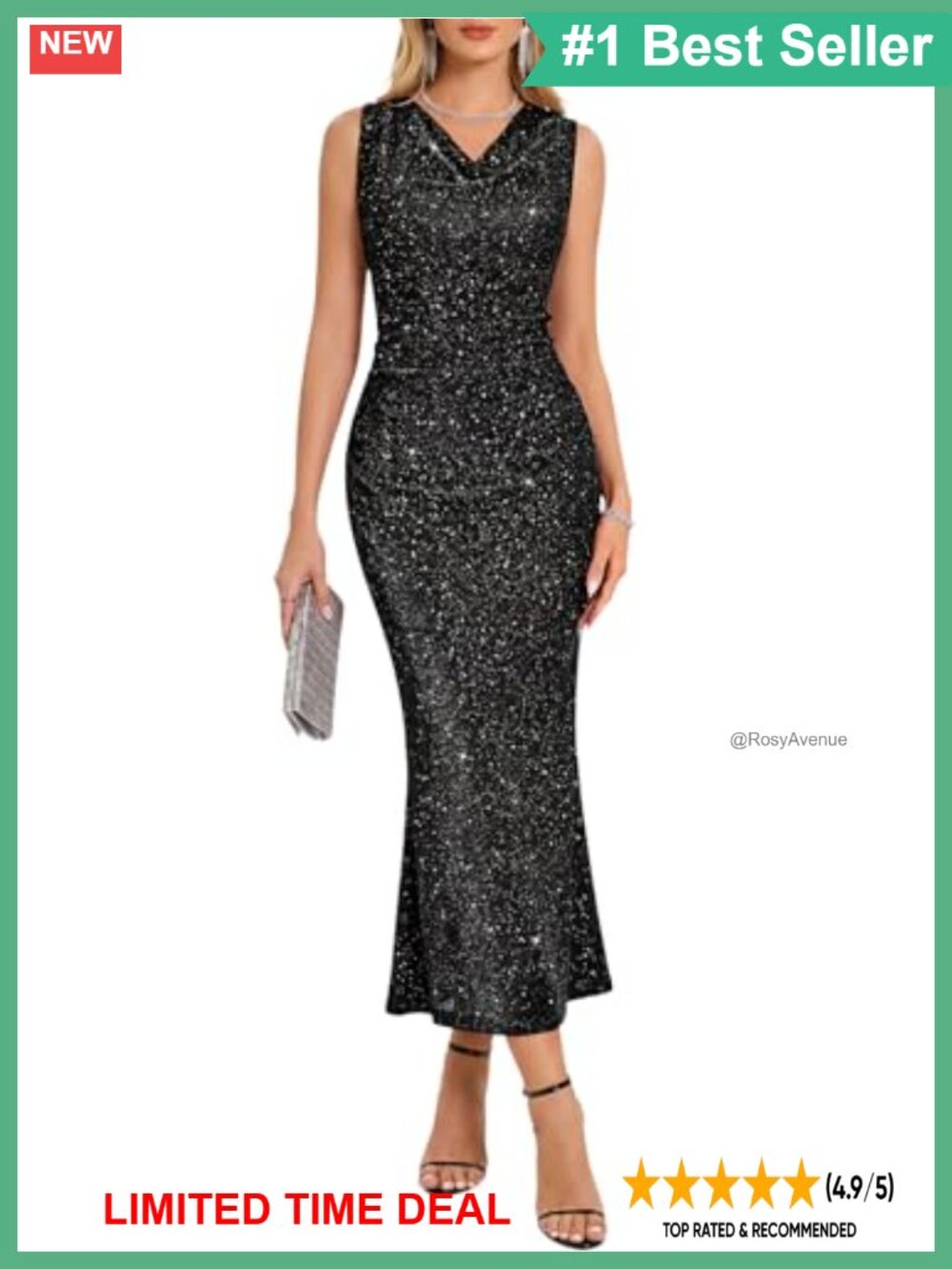 Sparkly Cowl Neck Bodycon Midi Dress Sleeveless Formal Cocktail Party